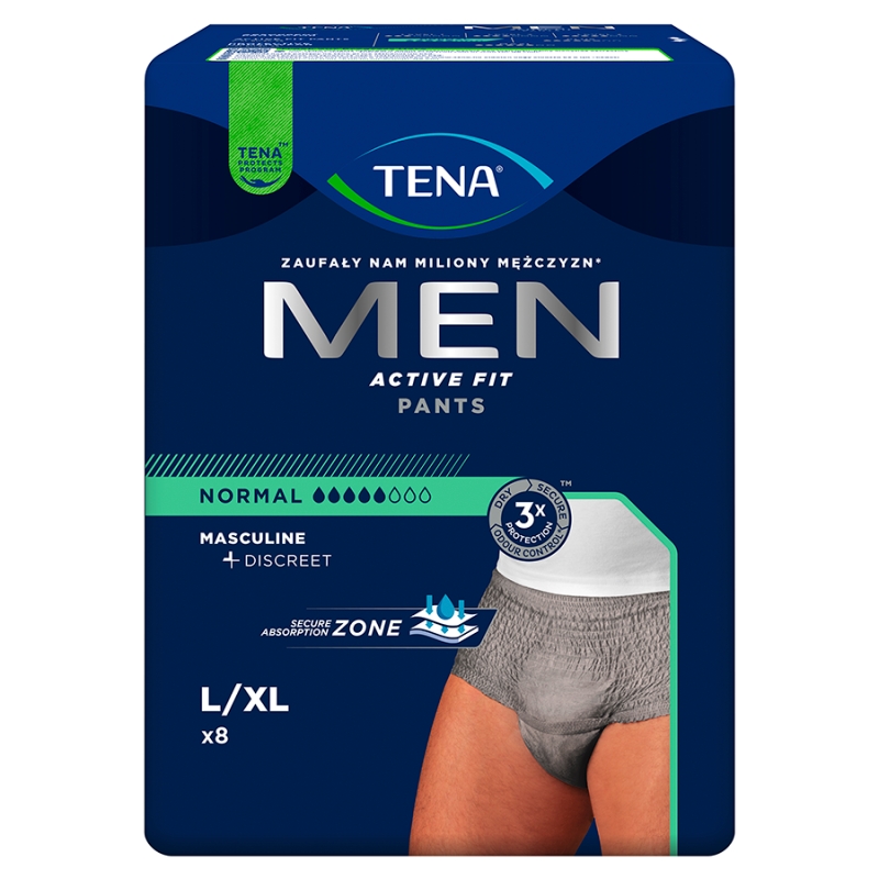 TENA MEN Active Fit Pants majtki chłonne Normal Grey L/XL, 8 szt.