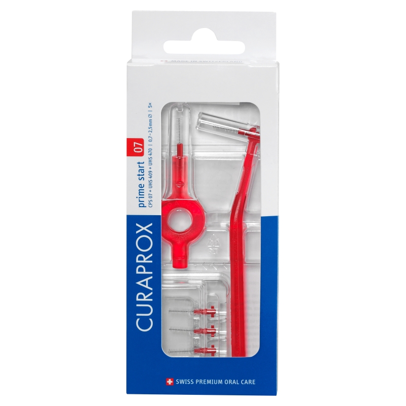 Curaprox CPS 07 Prime Start zestaw: szczoteczki do czyszczenia przestrzeni międzyzębowych – 5 szt. + uchwyt UHS 409 – 1 szt. + uchwyt UHS 470 – 1 szt.