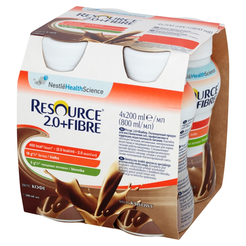 Zestaw Resource 2.0 FIBRE smak kawowy , płyn w stanach niedożywienia, 4 x 200 ml