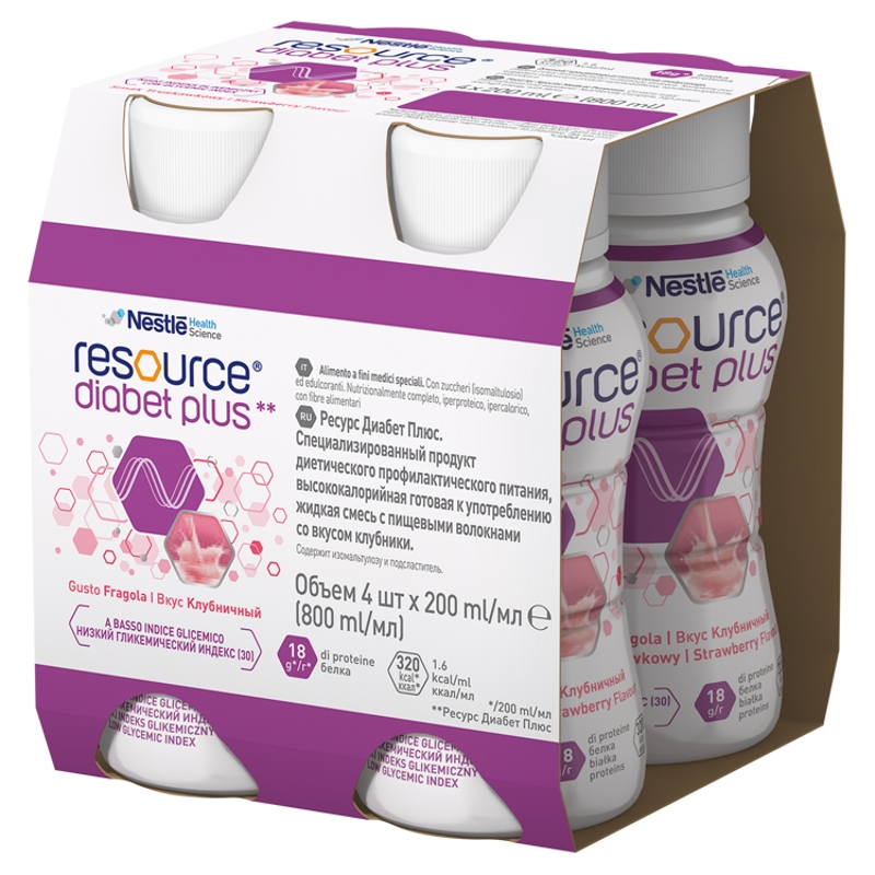 Resource Diabet Plus, truskawkowy, 4 x 200 ml