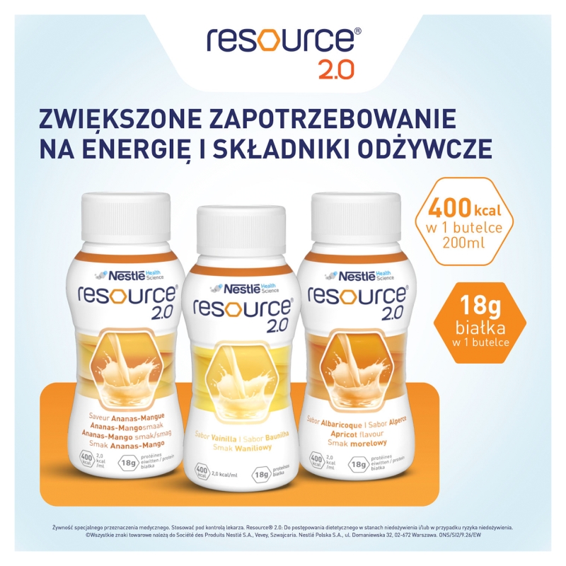 Zestaw Resource 2.0 smak ananas-mango, płyn w stanach niedożywienia, 4 x 200 ml