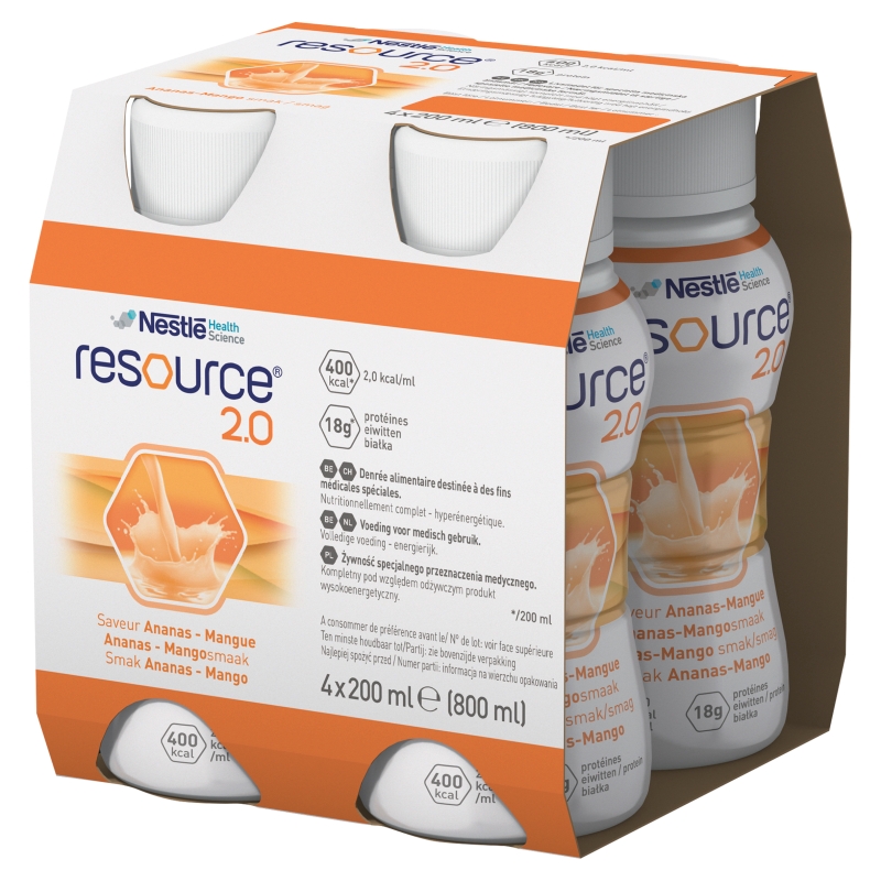 Zestaw Resource 2.0 smak ananas-mango , płyn w stanach niedożywienia, 4 x 200 ml