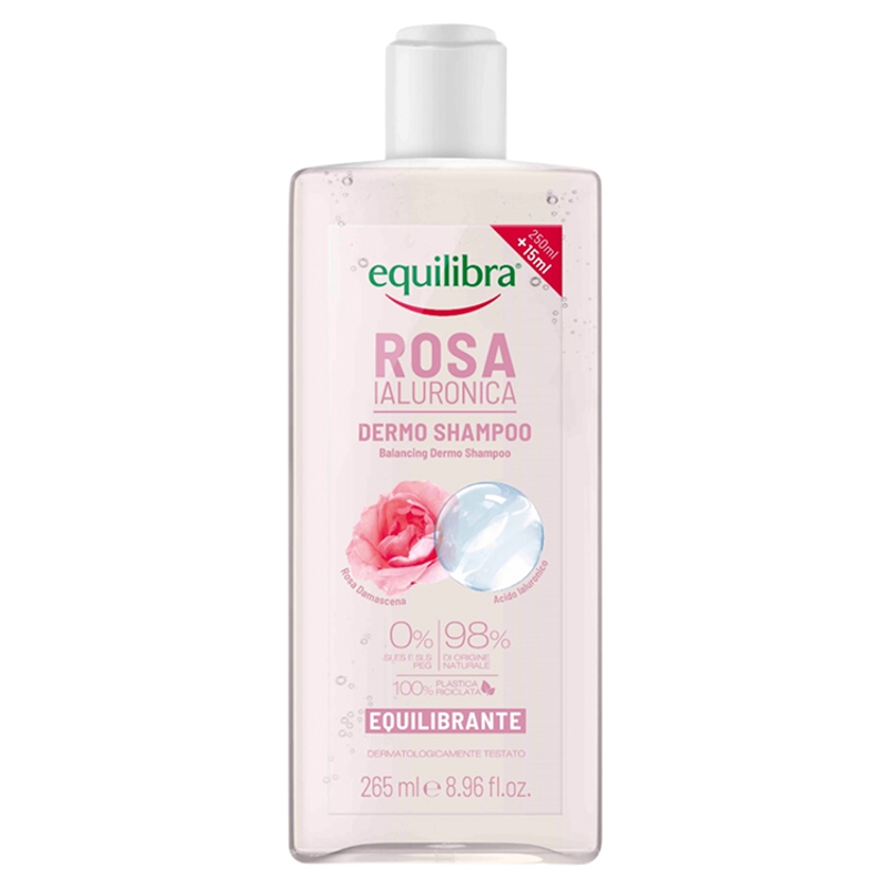 Equilibra, szampon równoważący do włosów, róża i kwas hialuronowy, 265 ml