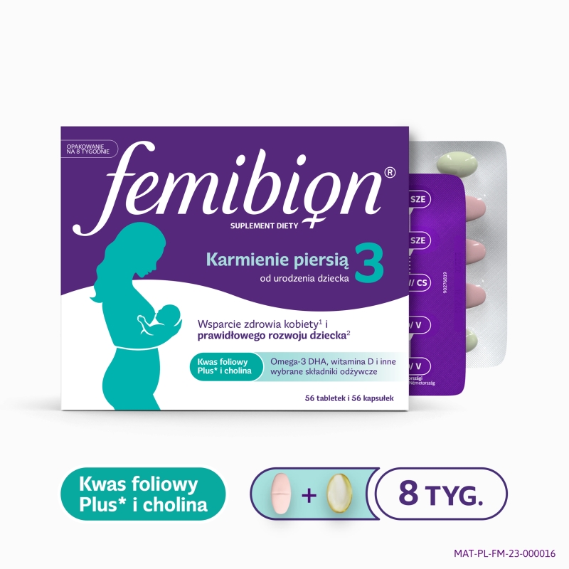 Femibion® 3 Karmienie Piersią, kwas foliowy plus, DHA, 56 tabletek i 56 kapsułek