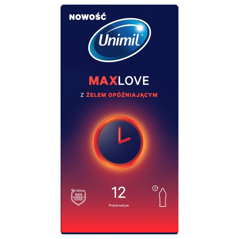 Unimil Max Love prezerwatywy z żelem opóźniającym, 12 szt.