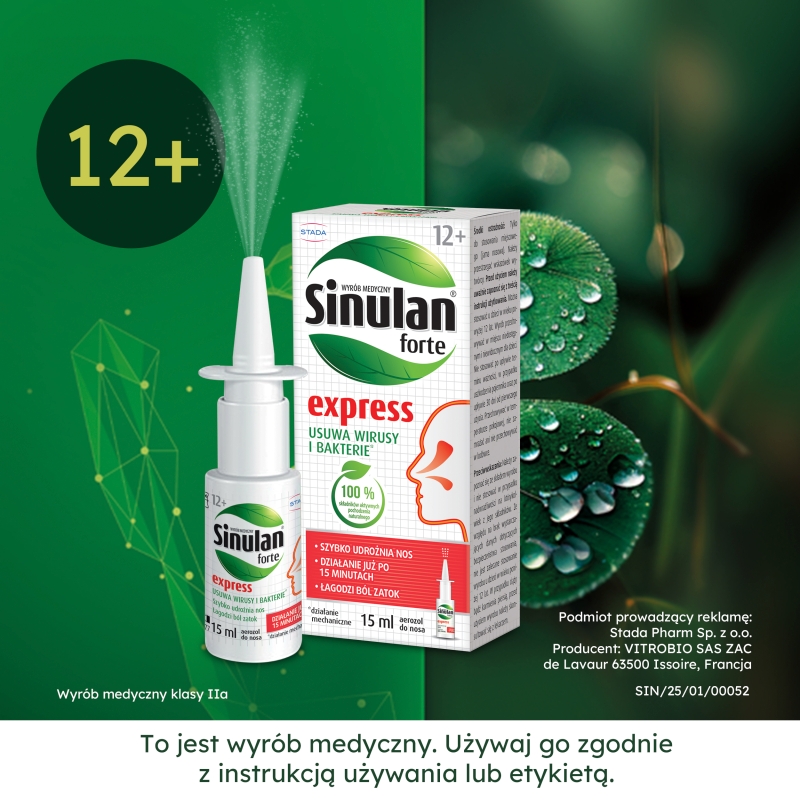 Sinulan Express Forte, aerozol udrażniający nos, łagodzący ból zatok, butelka 15 ml