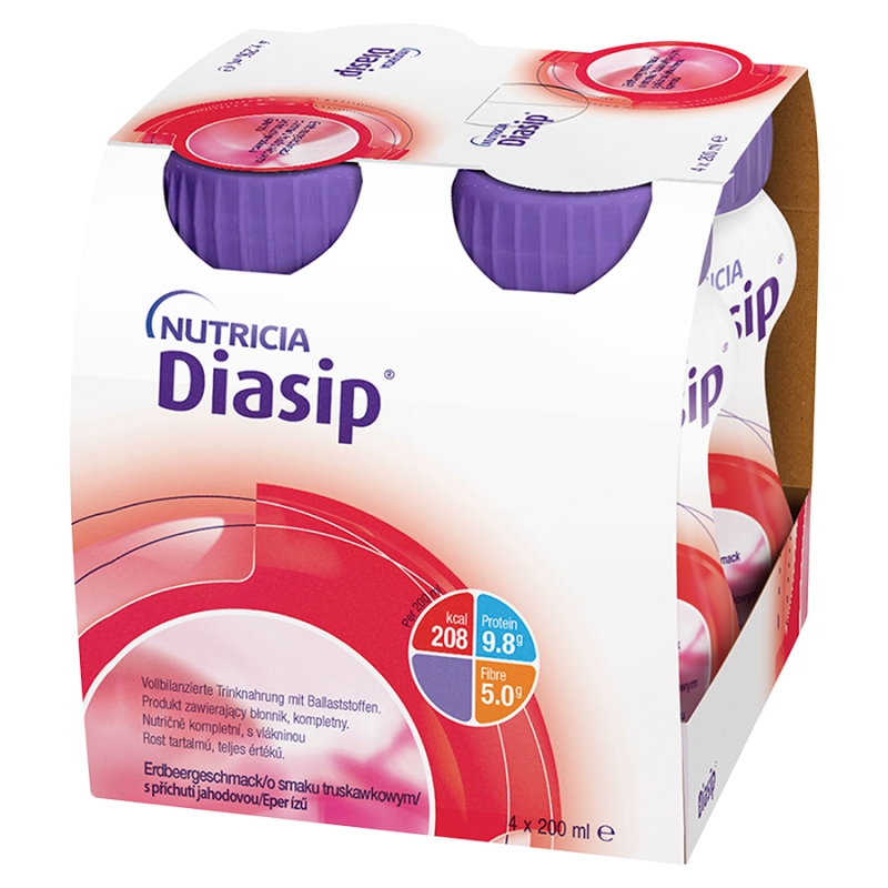 Diasip, płyn o smaku truskawkowym, 4 szt. po 200 ml