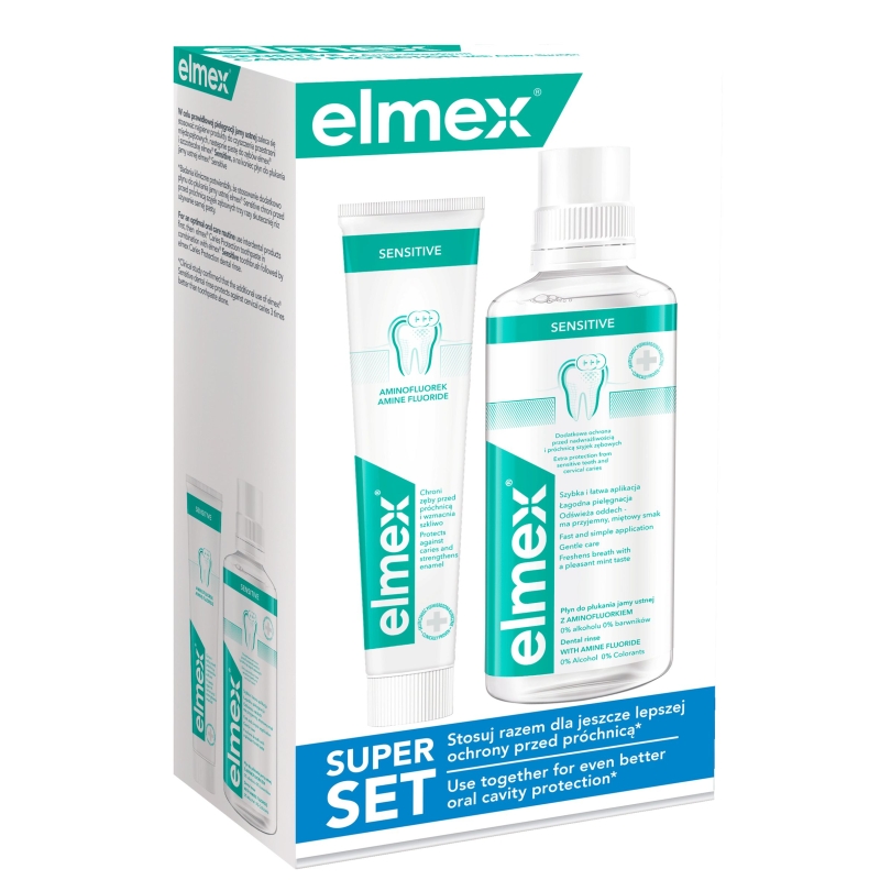 Elmex SuperSET Sensitive, zestaw: pasta, 75 ml + płyn do płukania jamy ustnej, 400 ml