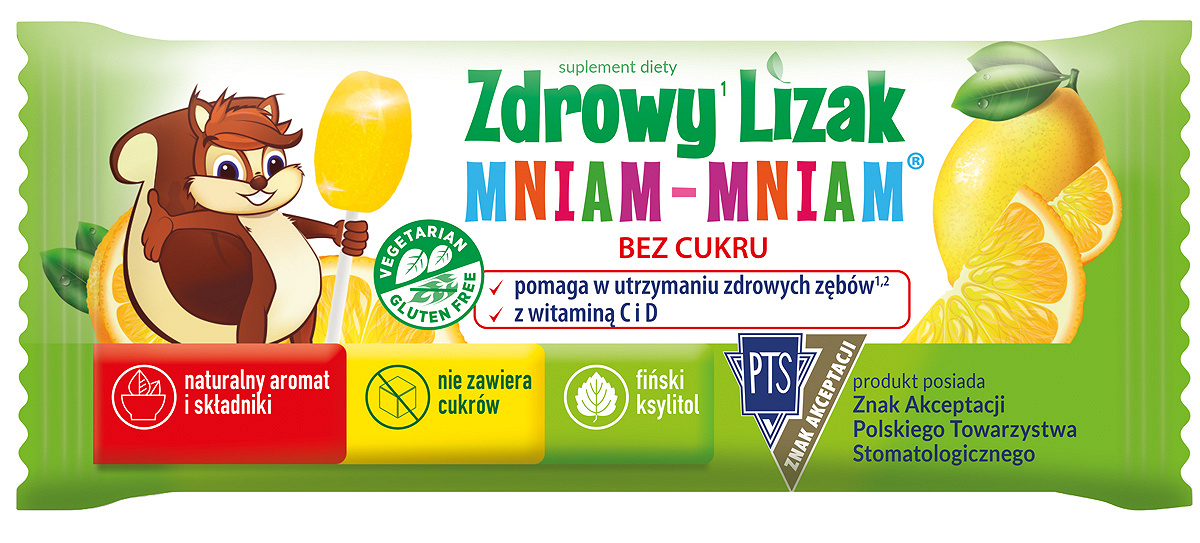 Zdrowy Lizak Mniam-Mniam, wzbogacony o witaminę C i D o smaku cytrynowym, 1 szt.