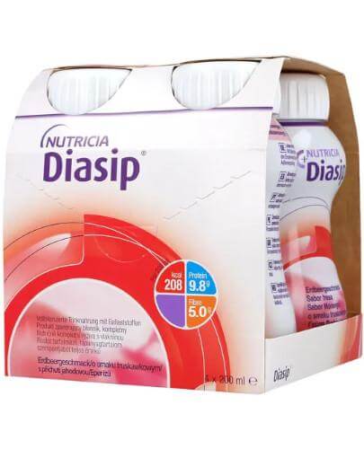 Diasip, płyn o smaku truskawkowym, 4 szt. po 200 ml