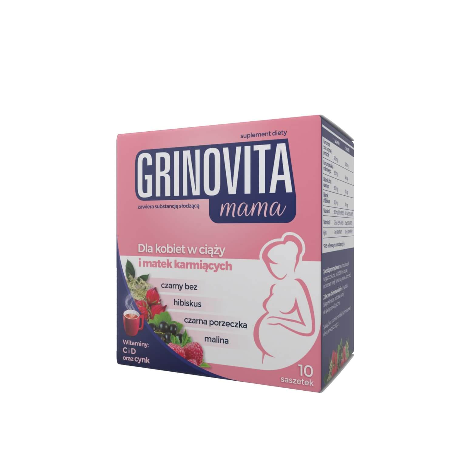 Grinovita mama, proszek do rozpuszczenia dla kobiet w ciąży i matek karmiących wspierający odporność, 10 sasz.