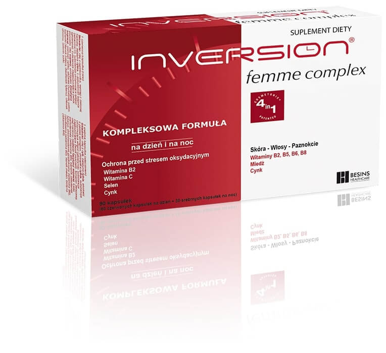 Inversion Femme Complex, kapsułki miękkie ze składnikami wspierającymi włosy, skórę i paznokcie, 90 szt.