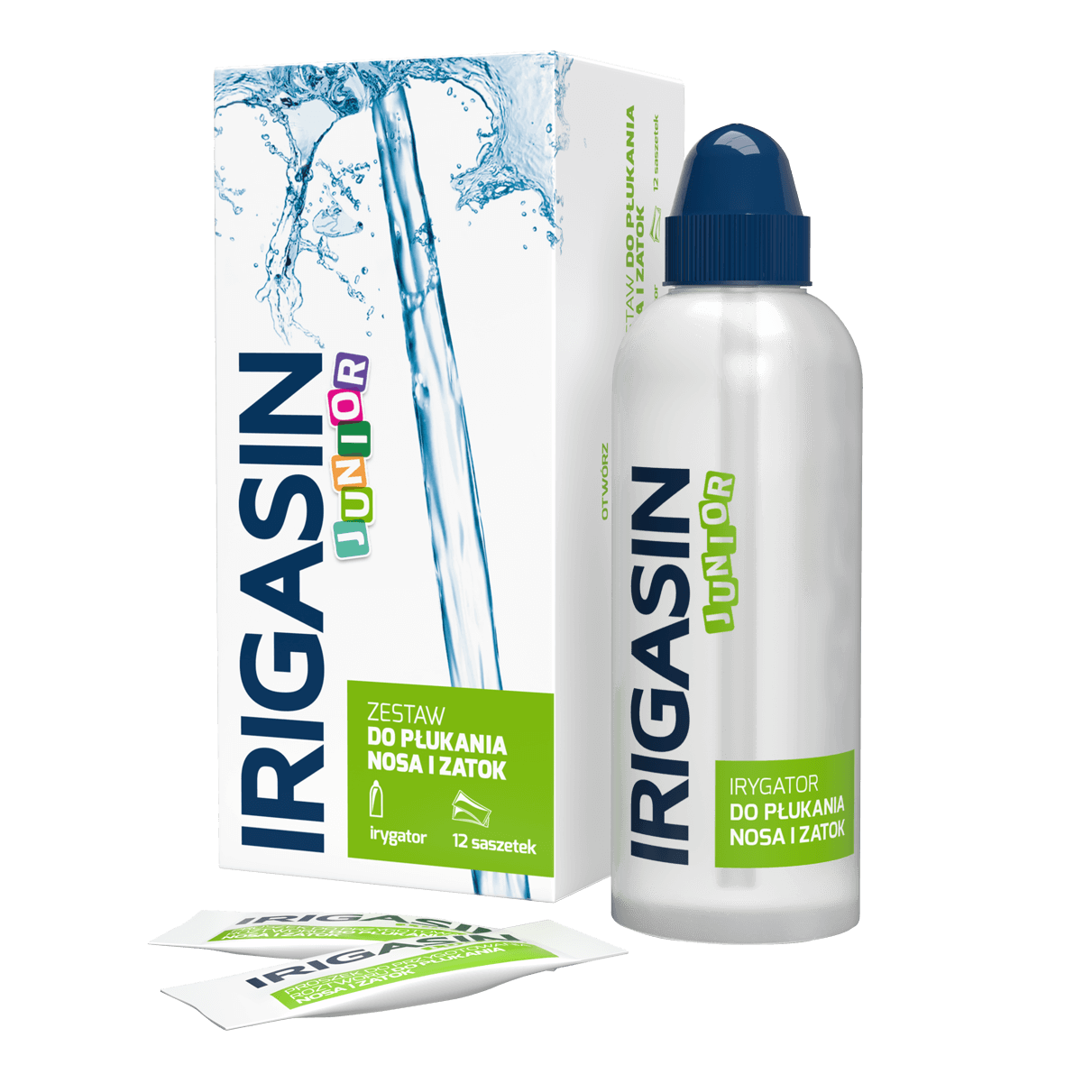 Irigasin Junior, zestaw do płukania nosa i zatok, (12 sasz. + irygator)