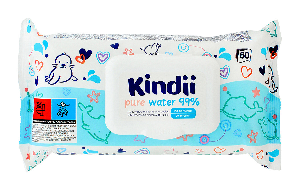 Kindii Pure Water 99% , nawilżane chusteczki dla niemowląt i dzieci, 60 szt.