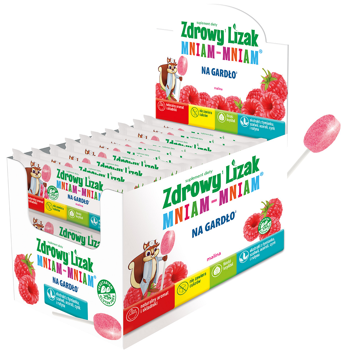 Zdrowy Lizak Mniam-Mniam Na Gardło , zawiera wyciąg z tymianku, szałwii, aceroli, witaminę C i D oraz cynk i rutynę o smaku malinowym, 40 szt.