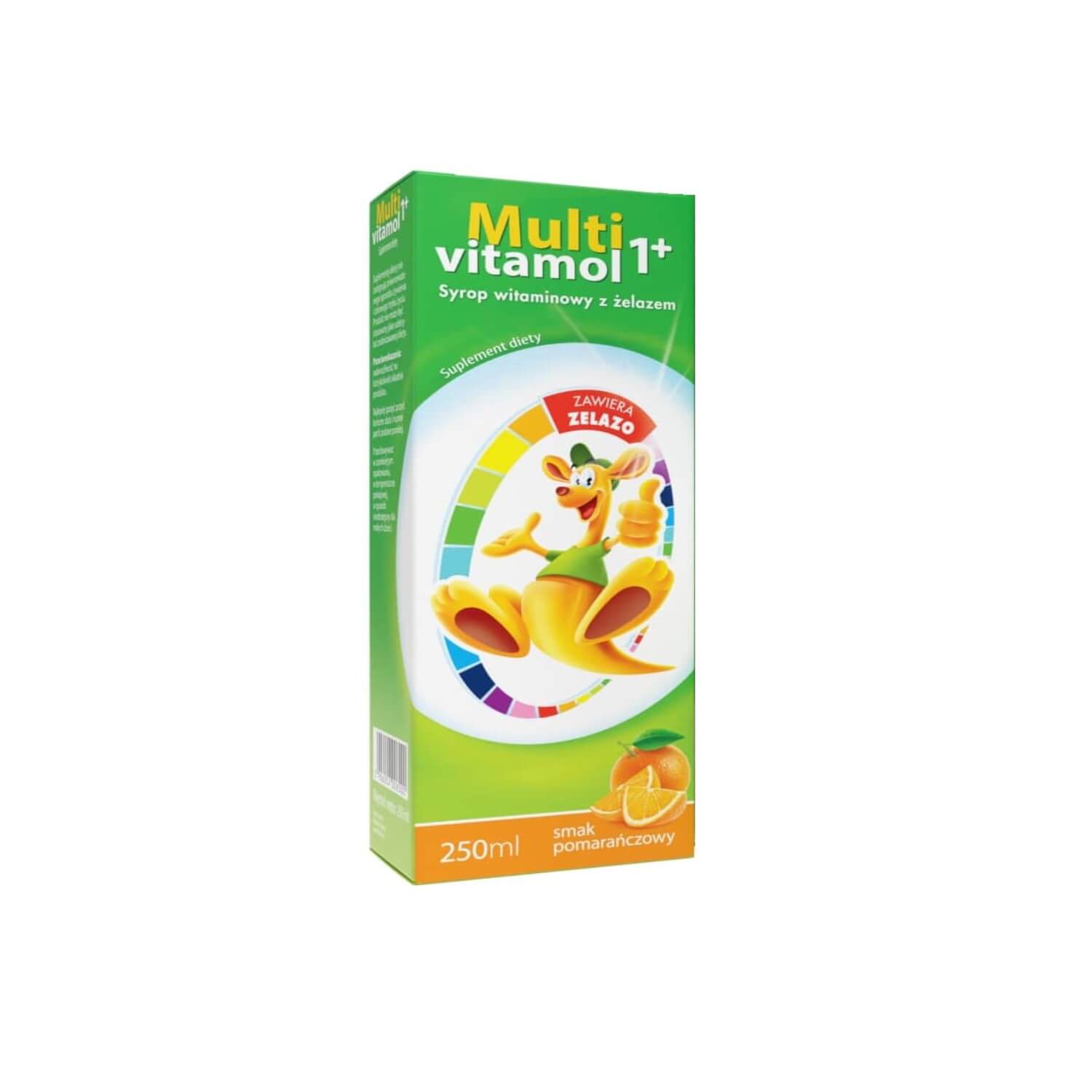 Multivitamol 1+,  syrop witaminowy z żelazem o smaku pomarańczowym dla dzieci, 250 ml