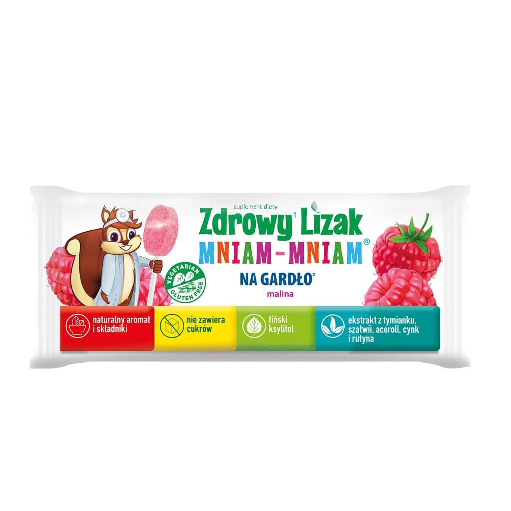 Zdrowy Lizak Mniam-Mniam Na Gardło, zawiera wyciąg z szałwii, tymianku, aceroli, cynk, rutynę, witaminę C i D o smaku malinowym, 1 szt.