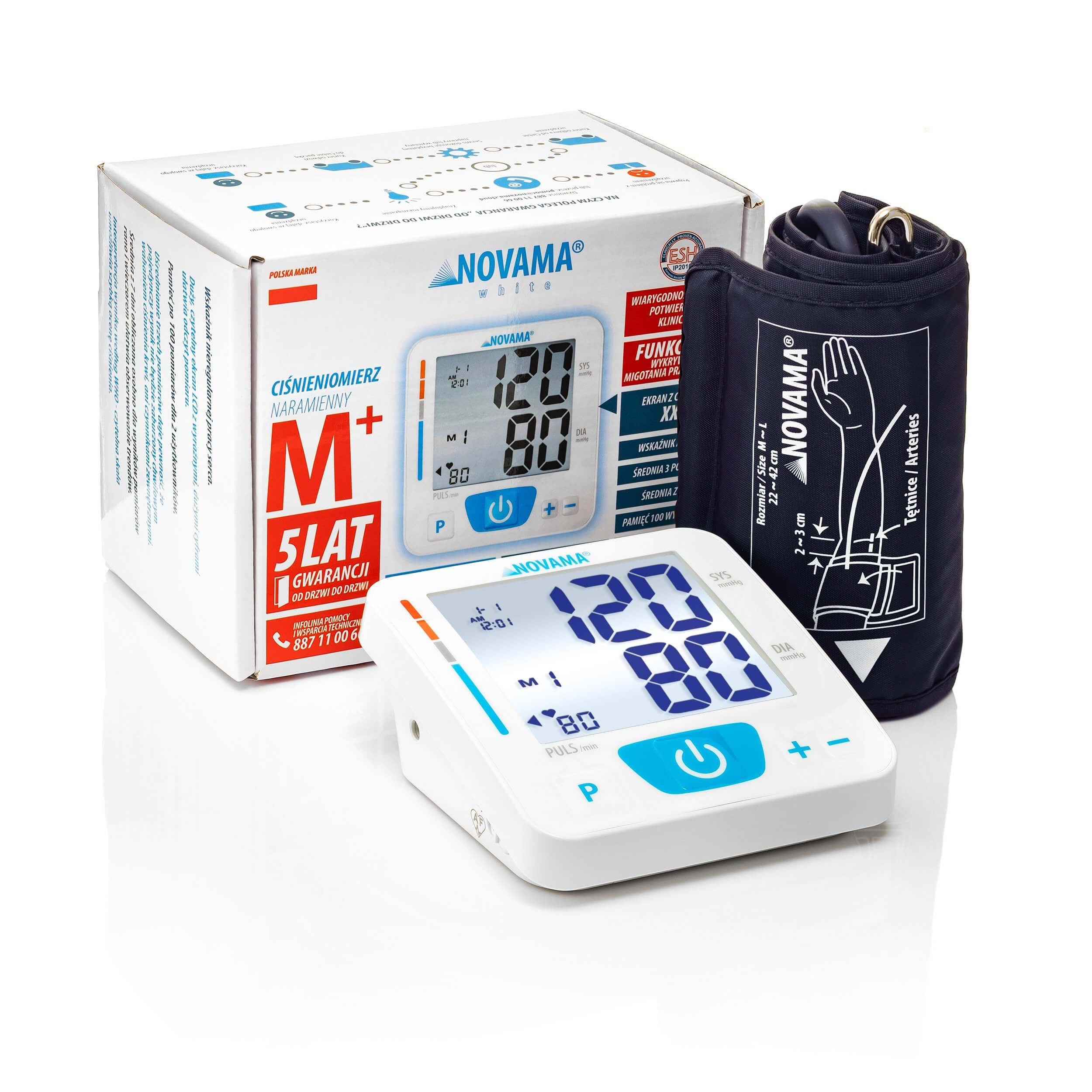 NOVAMA White M+ Ciśnieniomierz naramienny do pomiaru ciśnienia w warunkach domowych, 1 szt.