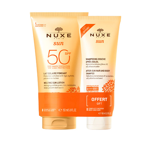 NUXE SUN, Zestaw, mleczko do opalania twarzy i ciała SPF50, 150 ml + żel pod prysznic po opalaniu, 100 ml