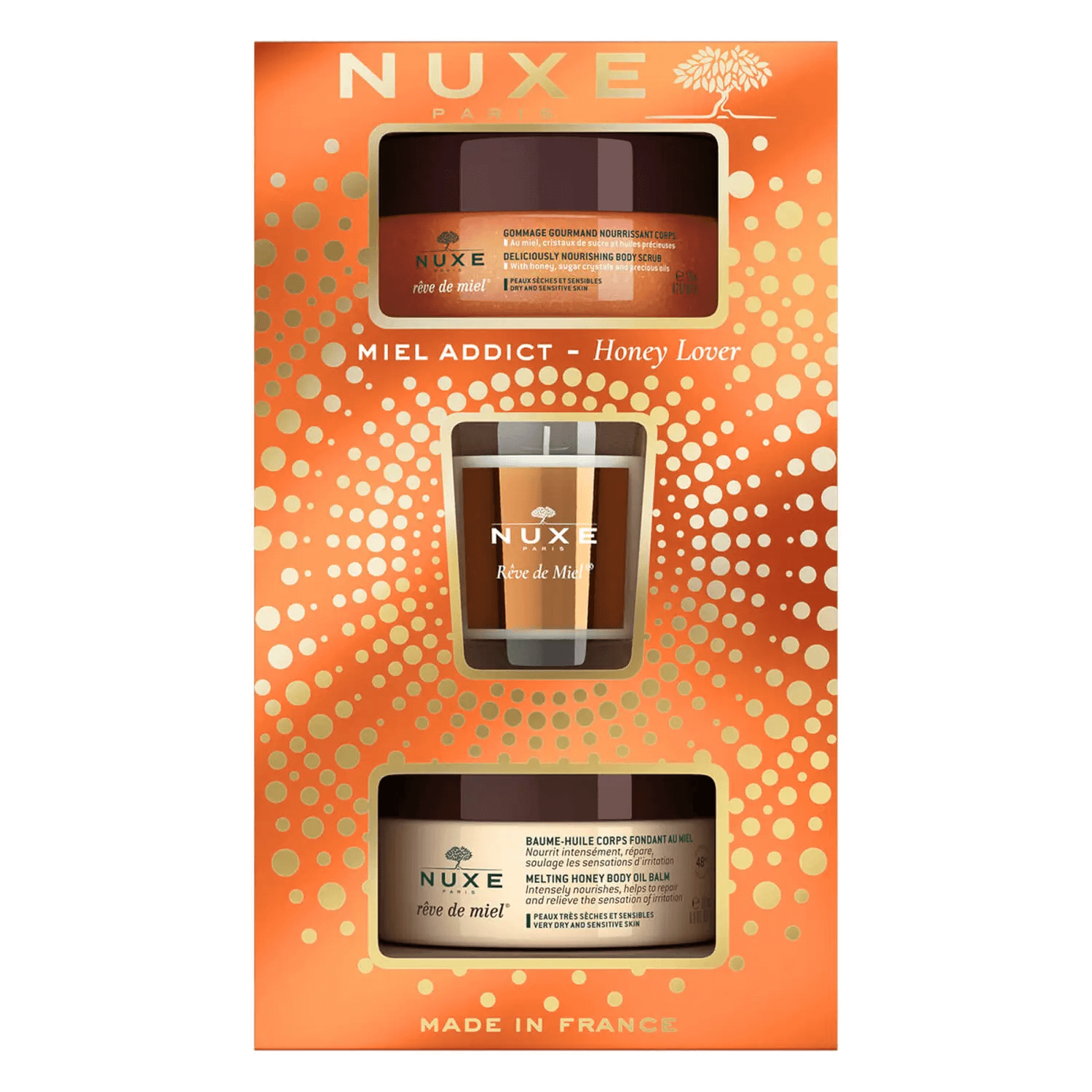 NUXE Reve de Miel® , zestaw: balsam do ciała – 200 ml, peeling do ciała – 175 ml, świeca zapachowa – 70 g