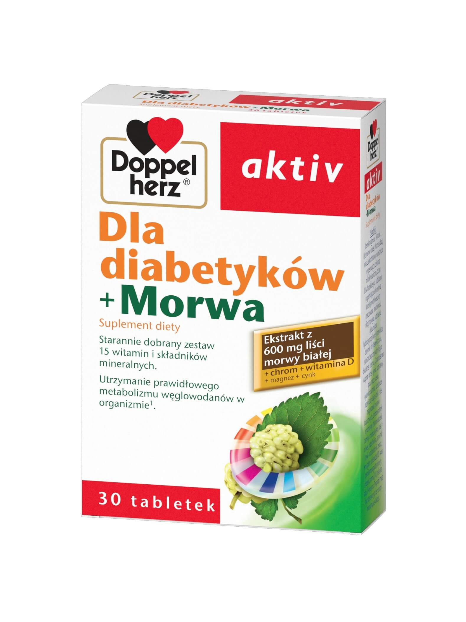 Doppelherz aktiv Dla Diabetyków + Morwa, tabletki ze składnikami pomagającymi utrzymać prawidłowy metabolizm, 30 szt.