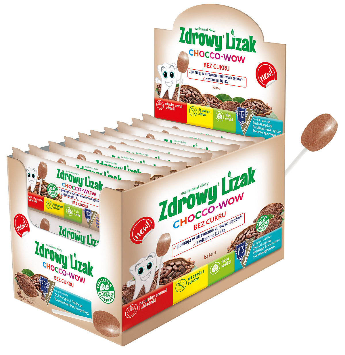 Zdrowy Lizak Mniam-Mniam Chocco-Wow, wzbogacony o witaminę D3 i K2 o smaku kakaowym, 40 szt.