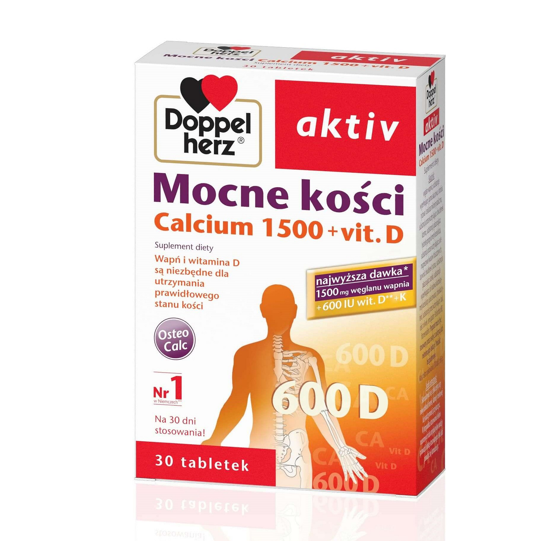 Doppelherz aktiv Mocne kości Calcium 1500+, tabletki z wapniem i witaminą D3, 30 szt.