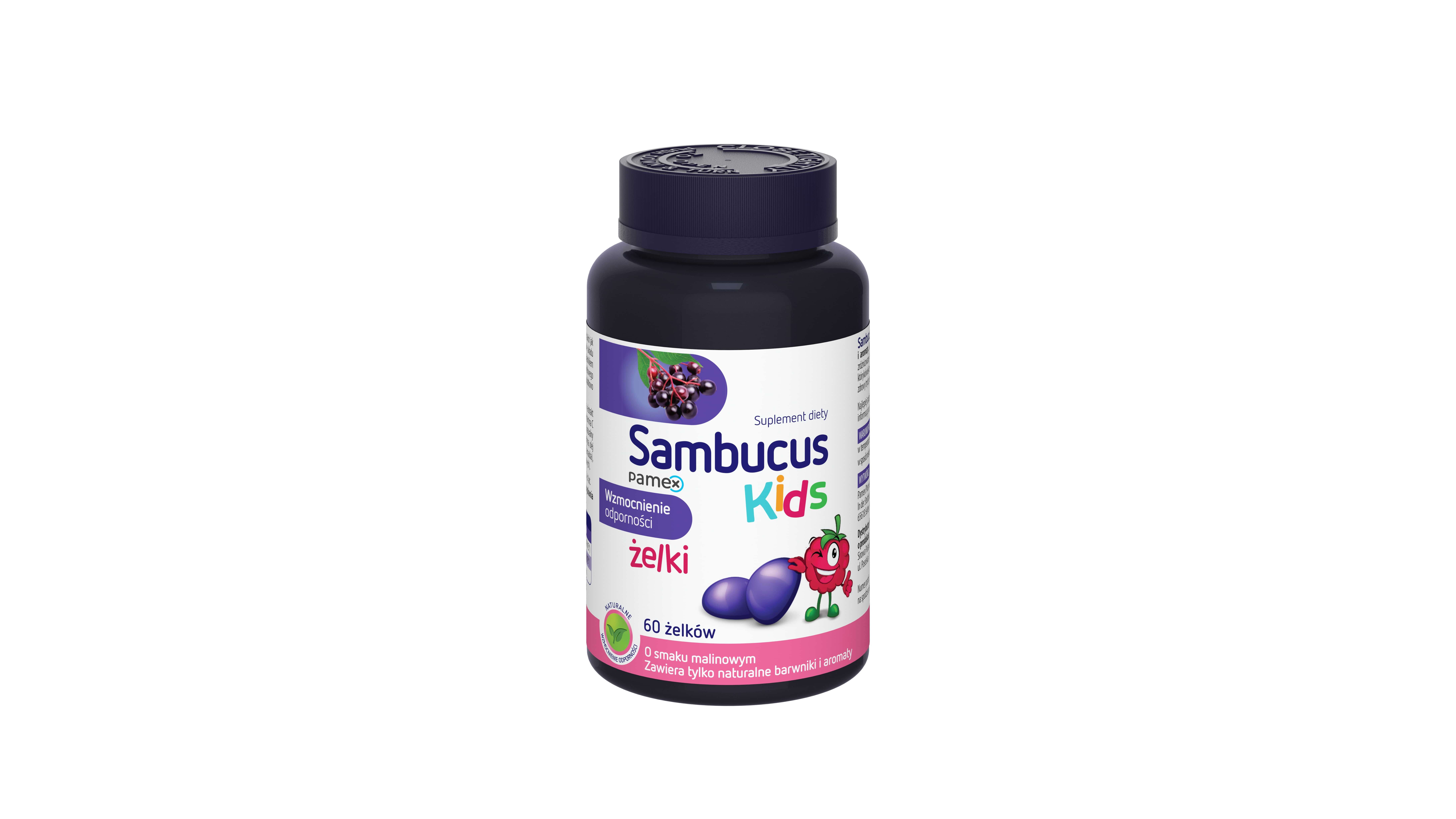Sambucus Kids, żelki ze składnikami wspierającymi odporność dla dzieci o smaku malinowym, 60 szt.
