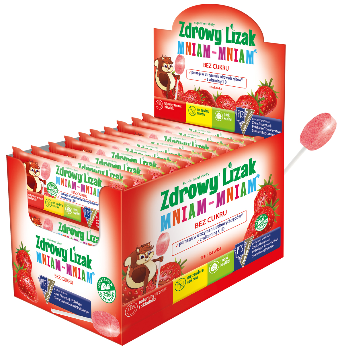 Zdrowy Lizak Mniam-Mniam wzbogacony o witaminy D i C o smaku truskawkowym, 40 szt.