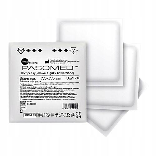 PASOMED, kompresy jałowe z gazy bawełnianej o wymiarach 7,5 x 7,5 cm, 10 szt.
