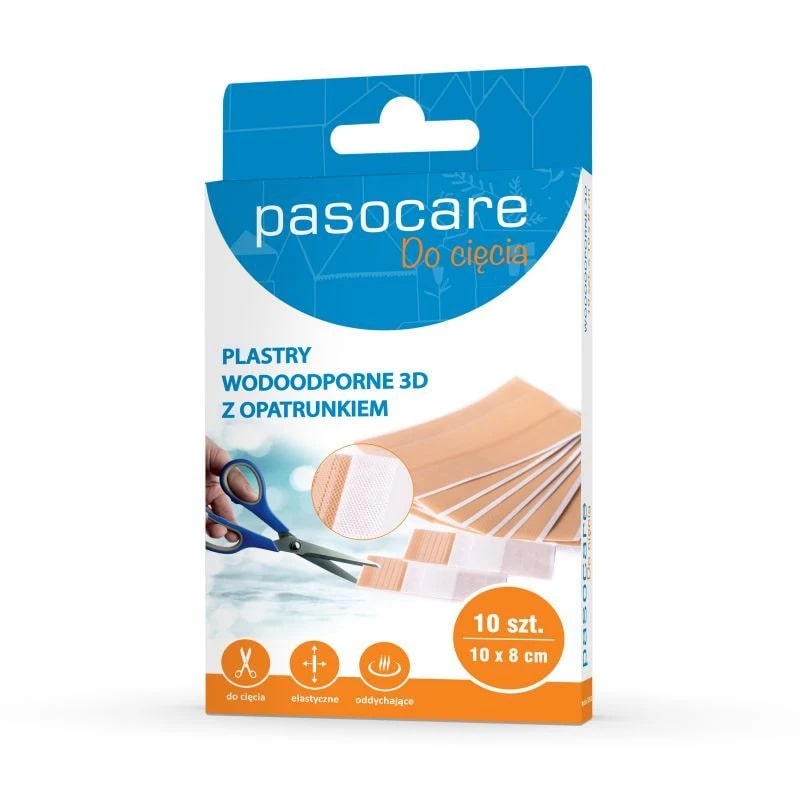 Pasocare , plaster wodoodporny z opatrunkiem 3D do cięcia, o wymiarach 10 x 8 cm, 10 szt.