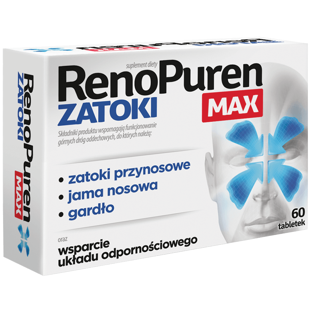 RenoPuren Zatoki Max, tabletki ze składnikami wspierającymi w bólu zatok, 60 szt.