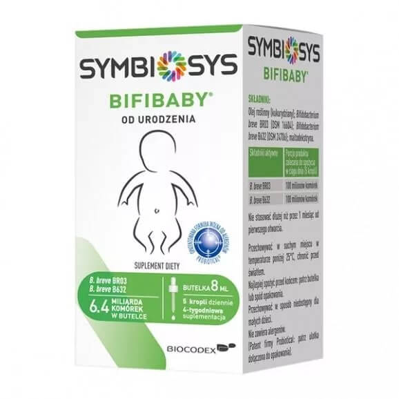 Symbiosys Bifibaby, krople dla dzieci ze składnikami wspomagającymi uzupełnienie diety w szczepy bakterii, 8 ml