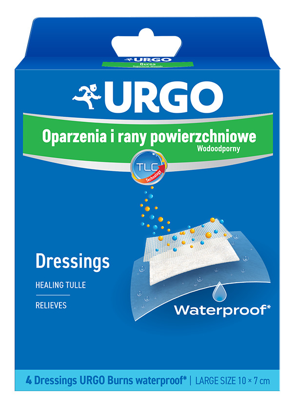 URGO , opatrunek na oparzenia i rany powierzchniowe, wodoodporny, 10 x 7 cm, 4 szt.