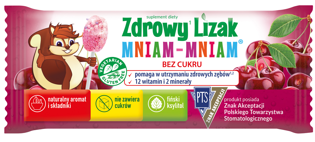 Zdrowy Lizak Mniam-Mniam, zawiera 12 witamin i 2 minerały o smaku musującej wiśni, 1 szt.