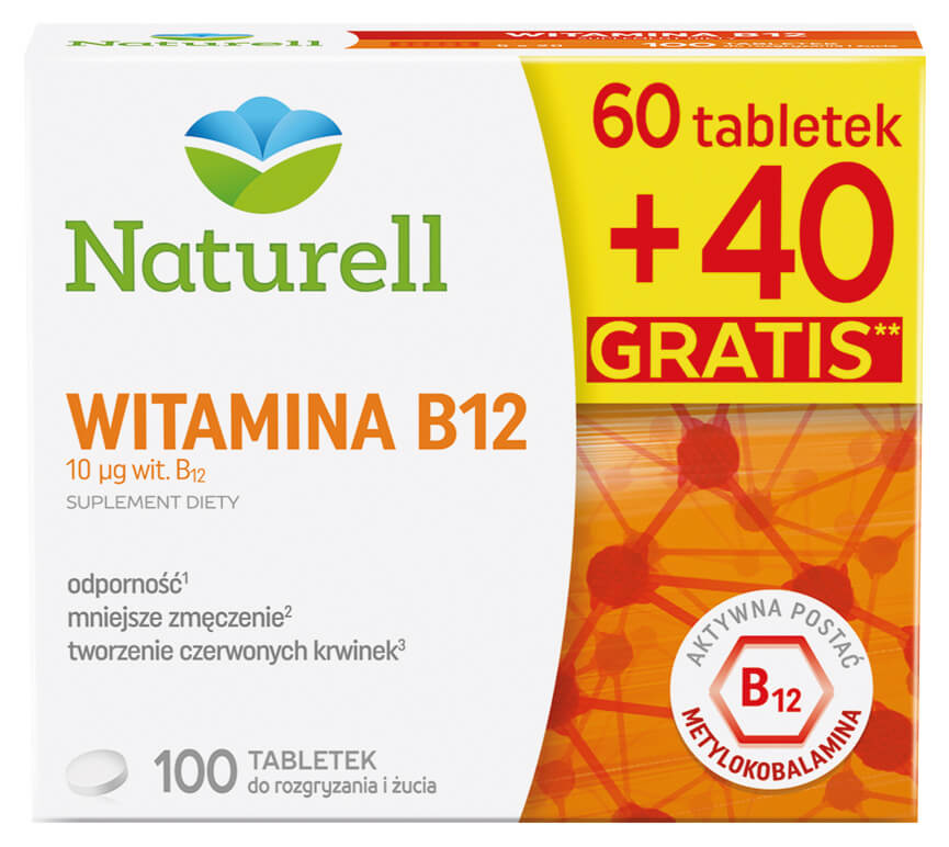 Naturell Witamina B12, tabletki do rozgryzania i żucia, 60 szt. + 40 szt.