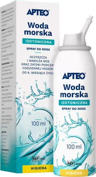 Woda morska izotoniczna APTEO CARE , spray do nosa oczyszczający i nawilżający od 6 miesiąca życia, 100 ml