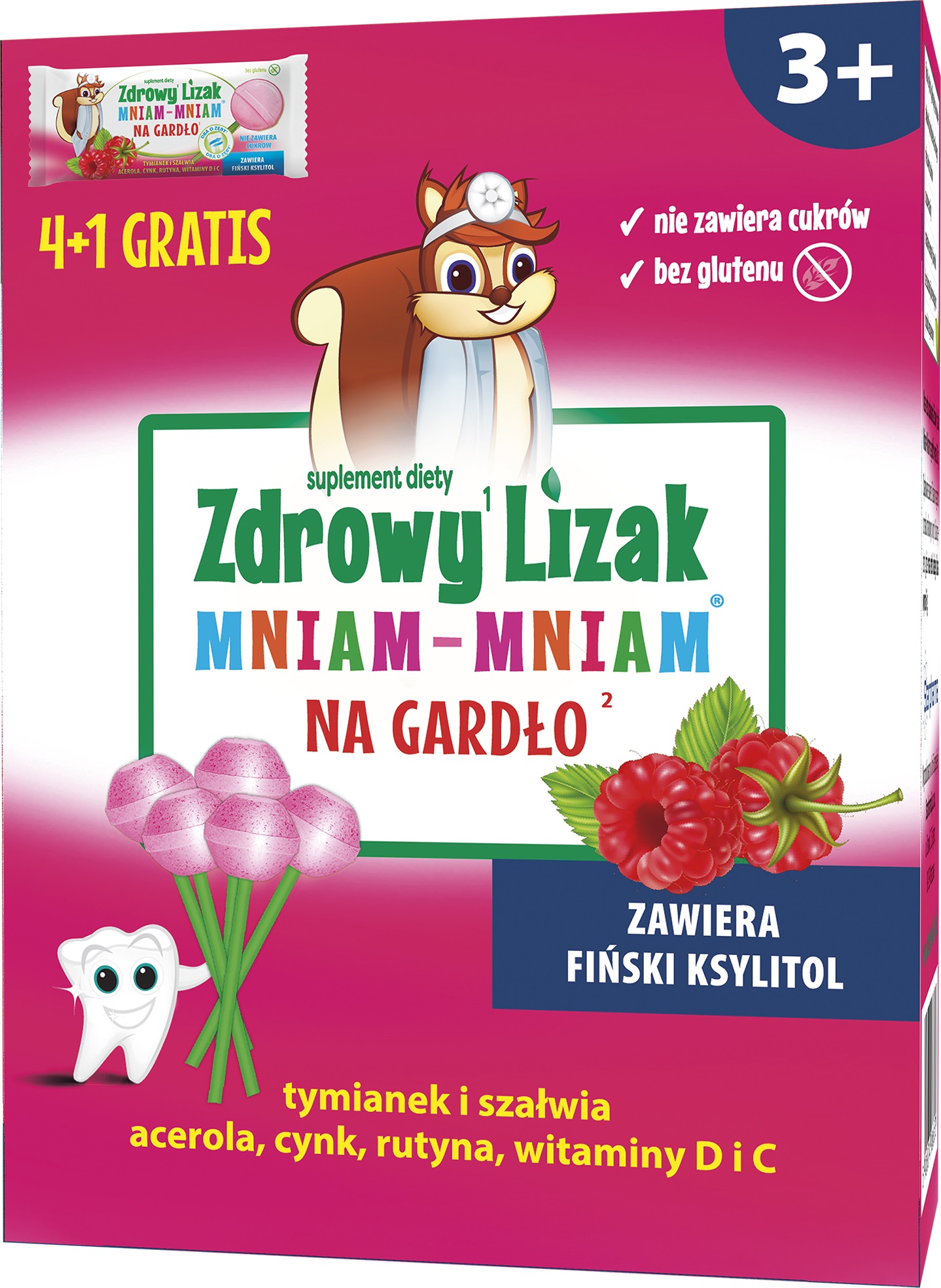 Zdrowy Lizak Mniam-Mniam Na Gardło zawiera wyciąg z szałwii, tymianku, aceroli, cynk, rutynę, witaminę C i D o smaku malinowy, 4+1 szt.